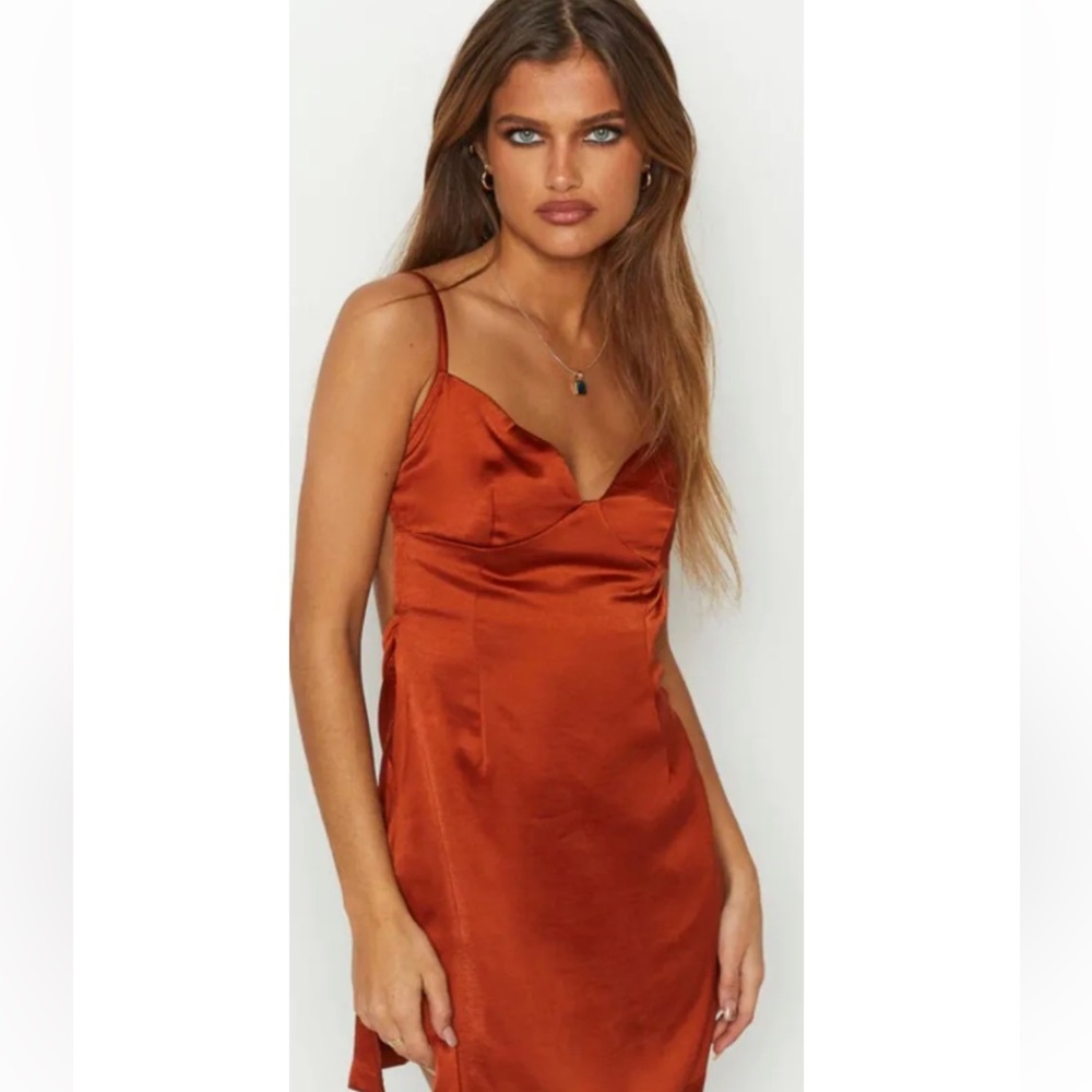 Beginning Boutique Satin Mini Dress Rust Orange
